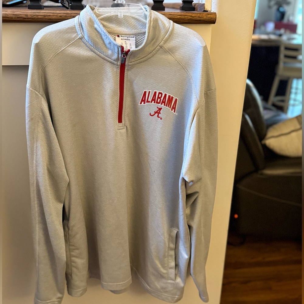 Champion Gray Quarter-Zip Pullover with crimson, Alabama, detail.